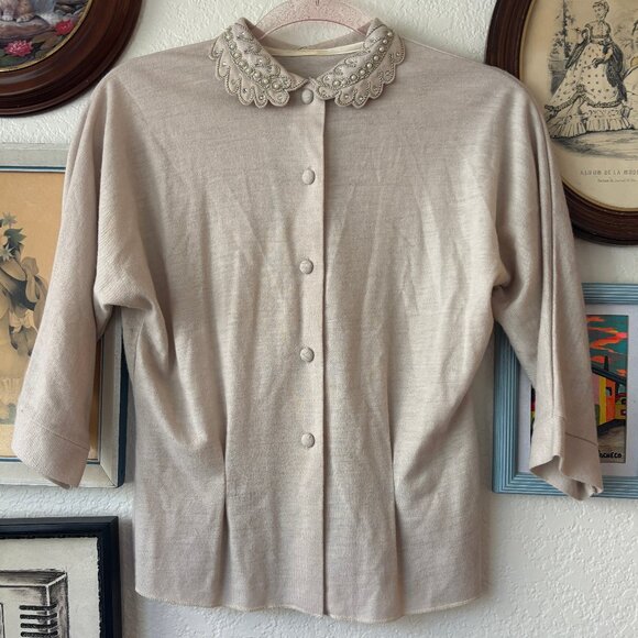 Vintage Beige Sweater with Rhineston & Pearl Collar - Picture 1 of 4